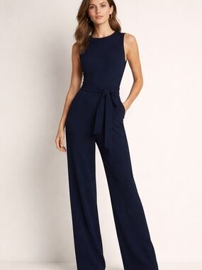 Banana Republic Navy Sleeveless Tie-Waist Jumpsuit